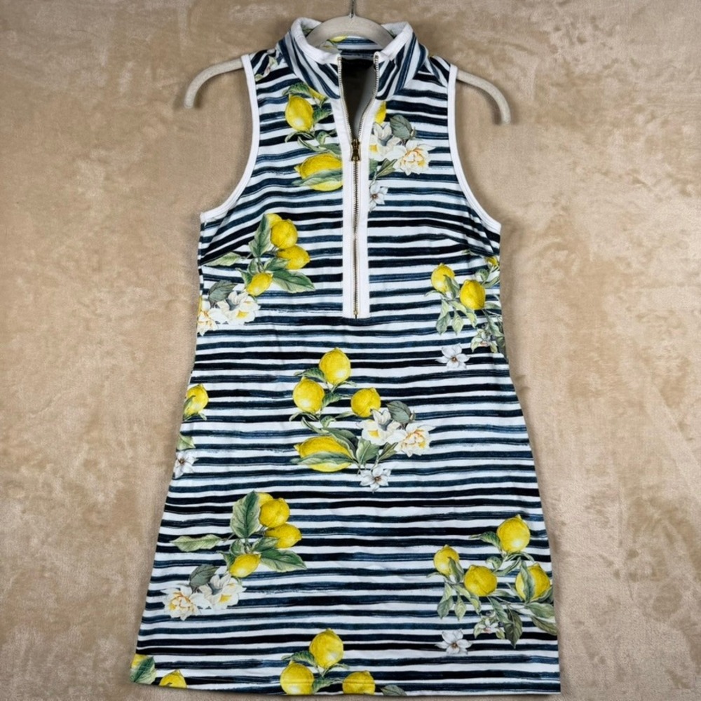 Boston Proper Womens S Lemon‎ Stripe Half Zip Sleeveless Dress Blue White Yellow